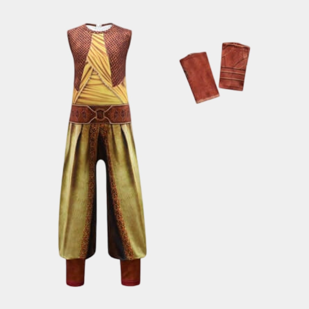 Viking Warrior Costume Jumpsuit with Draped Cape and Fabric Wristbands