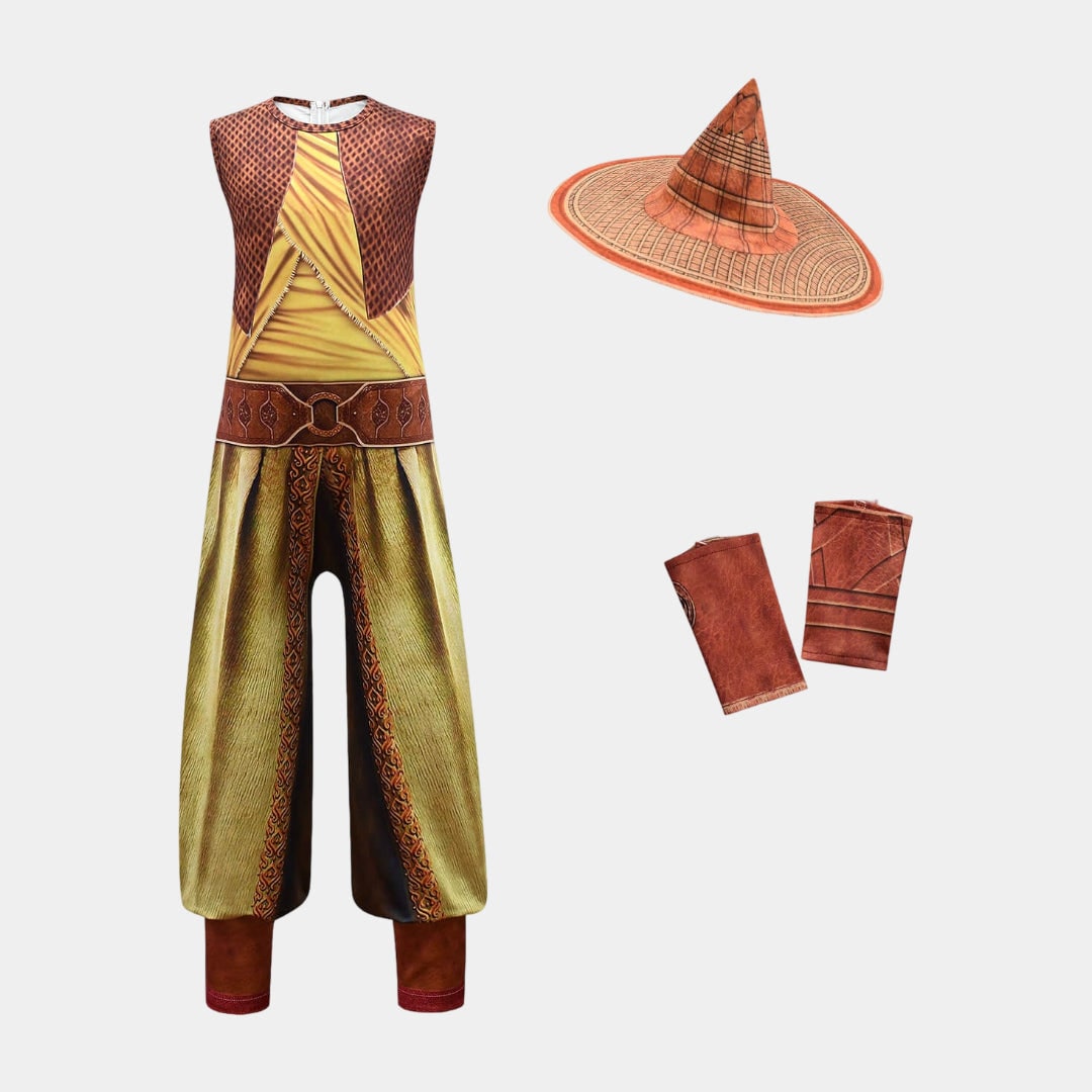 Viking Warrior Costume Jumpsuit with Draped Cape and Fabric Wristbands