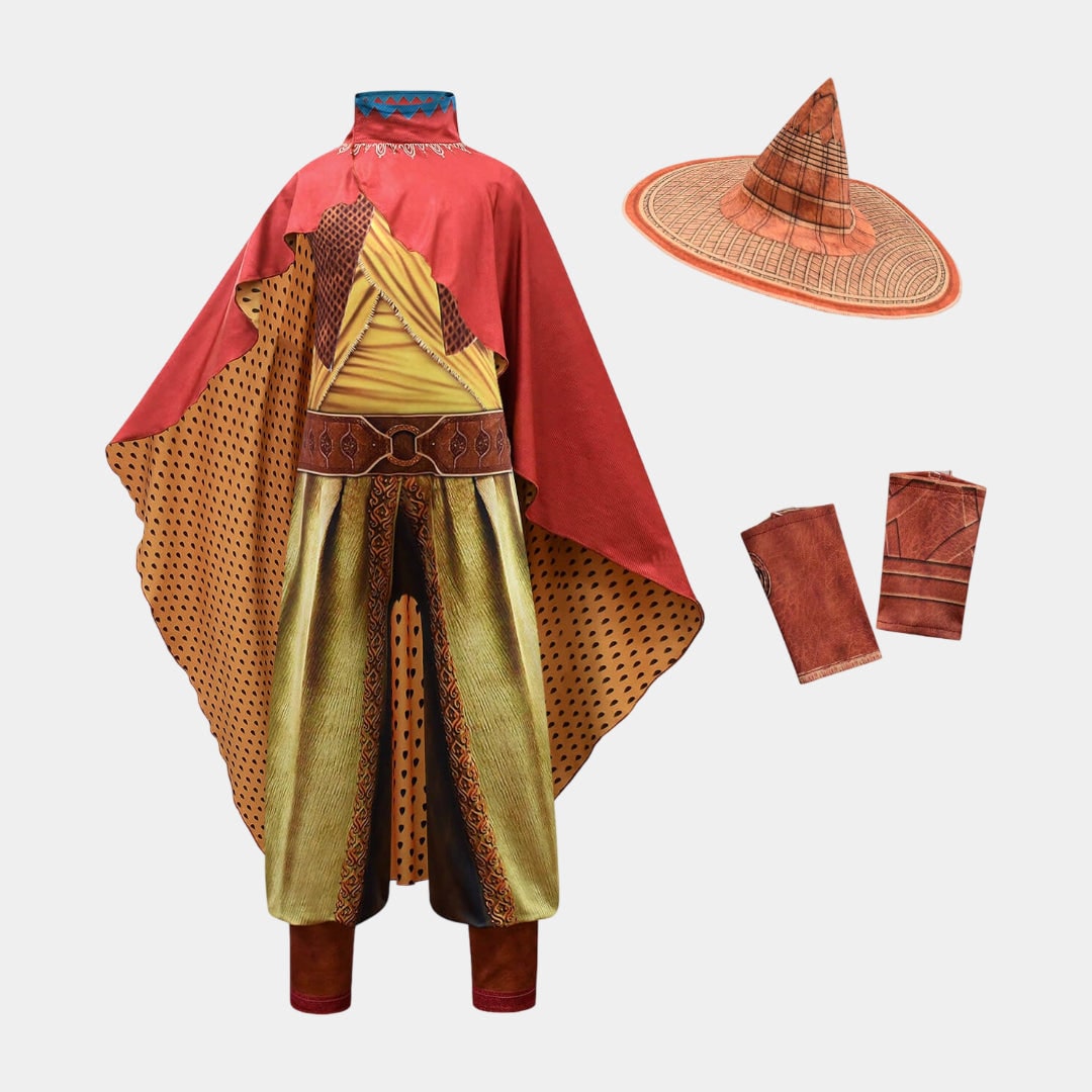 Viking Warrior Costume Jumpsuit with Draped Cape and Fabric Wristbands