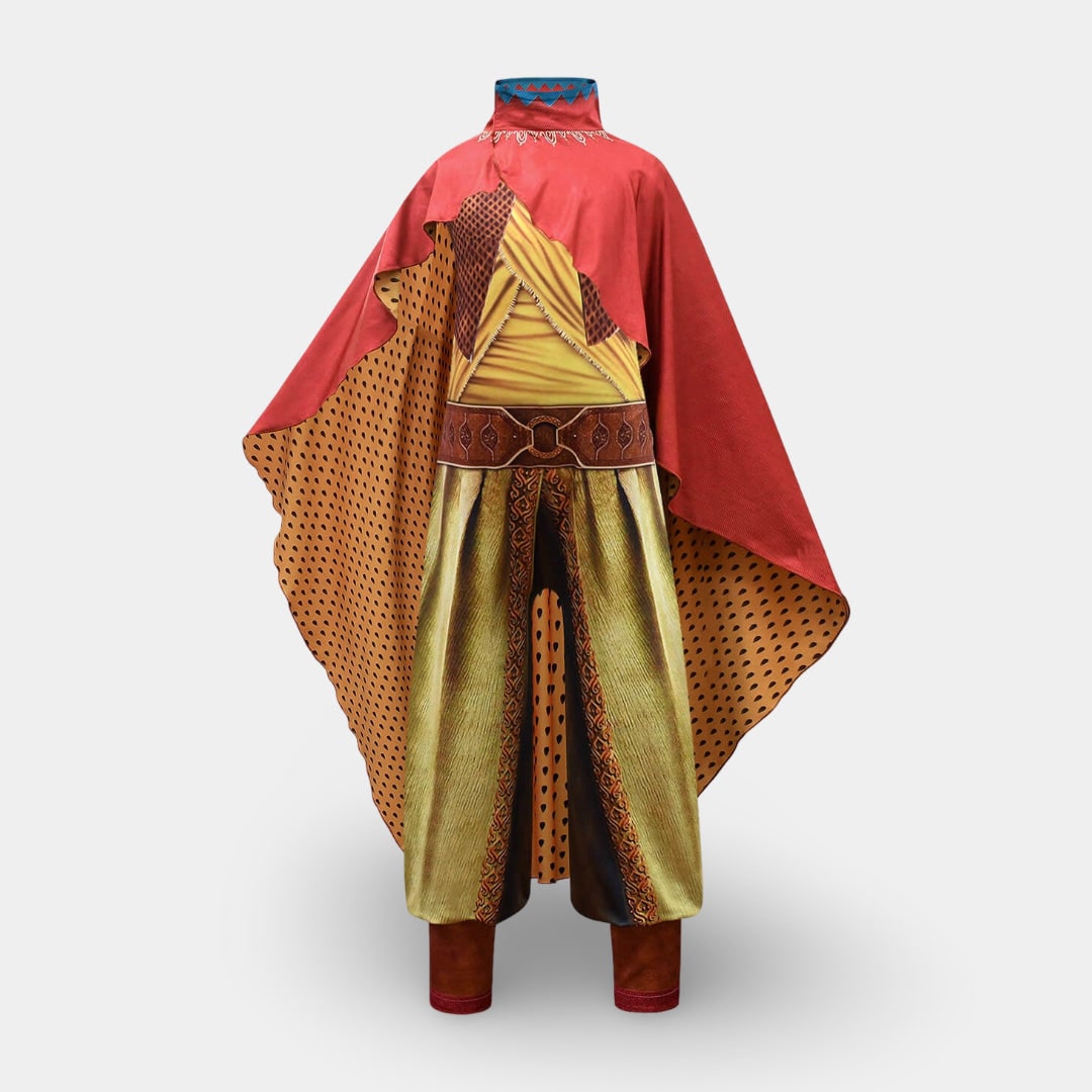 Viking Warrior Costume Jumpsuit with Draped Cape and Fabric Wristbands