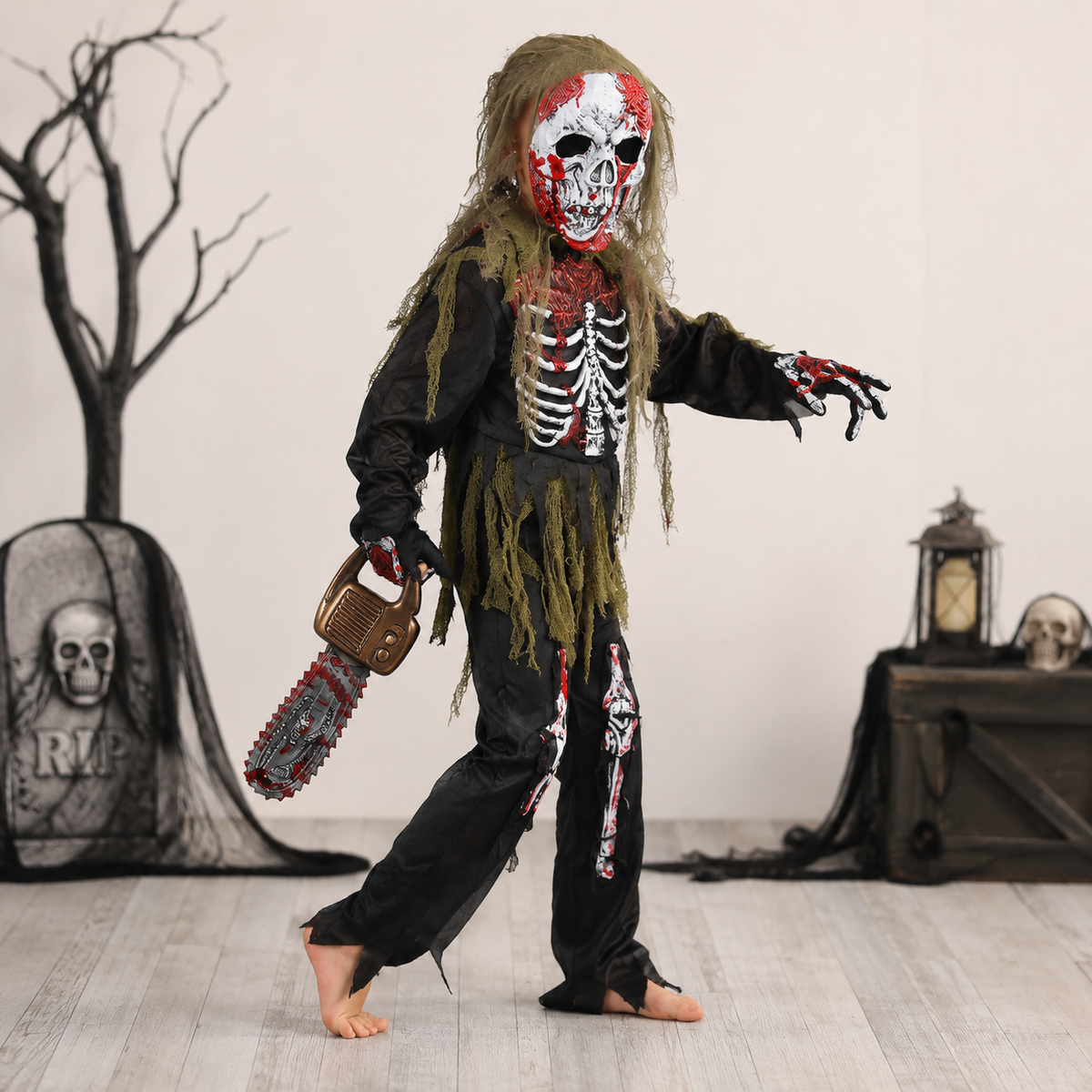 Scary Halloween Costumes Kids Zombie Skeleton Set with Full Face Mask and Gloves