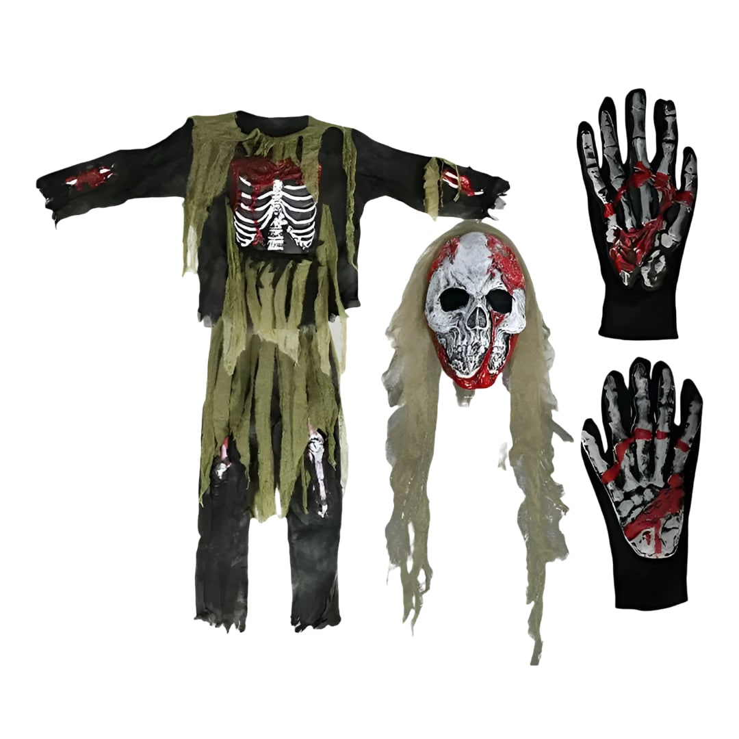Scary Halloween Costumes Kids Zombie Skeleton Set with Full Face Mask and Gloves