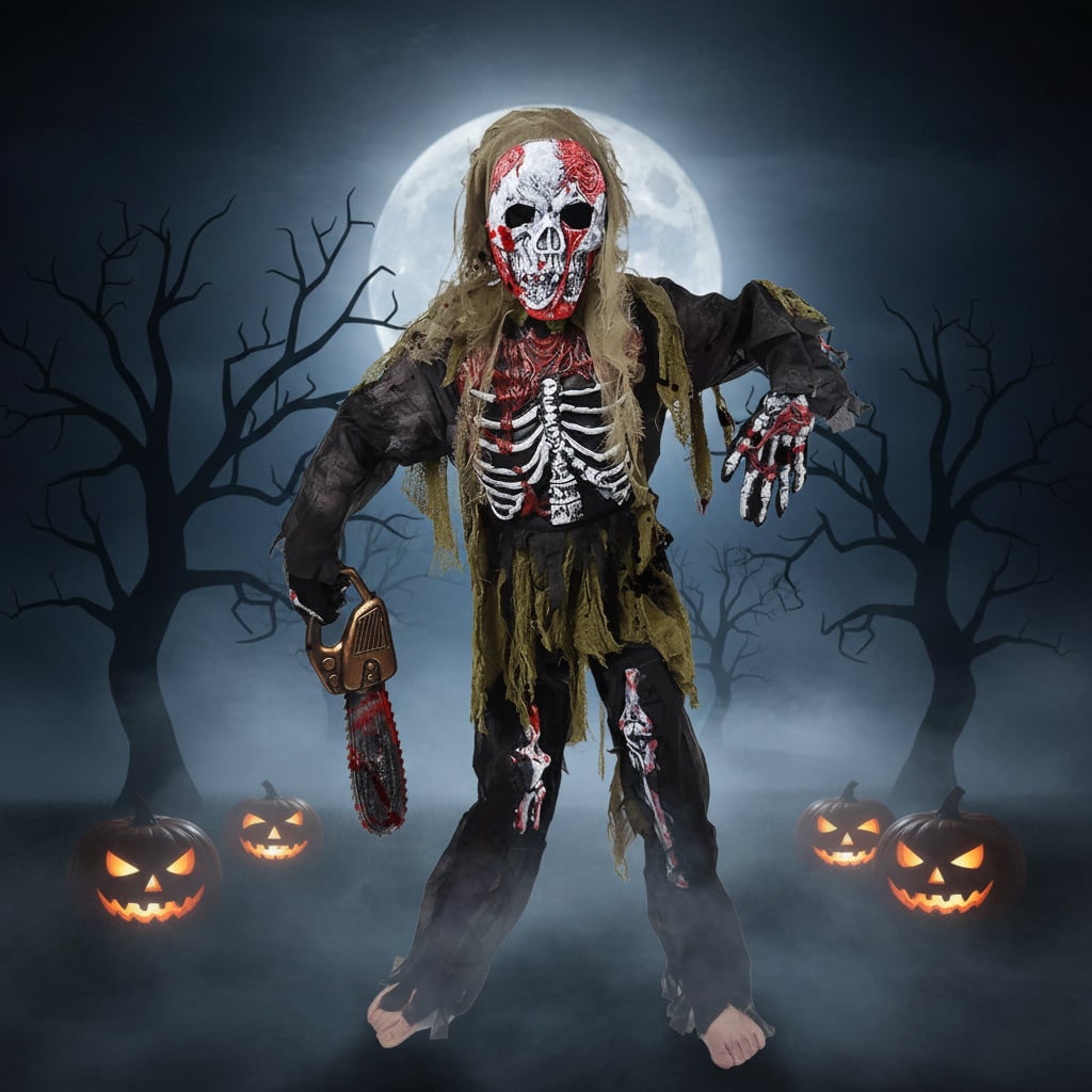 Halloween Costume and Skull Mask for Kids Zombie Skeleton Three-Piece Set with Tattered Gloves