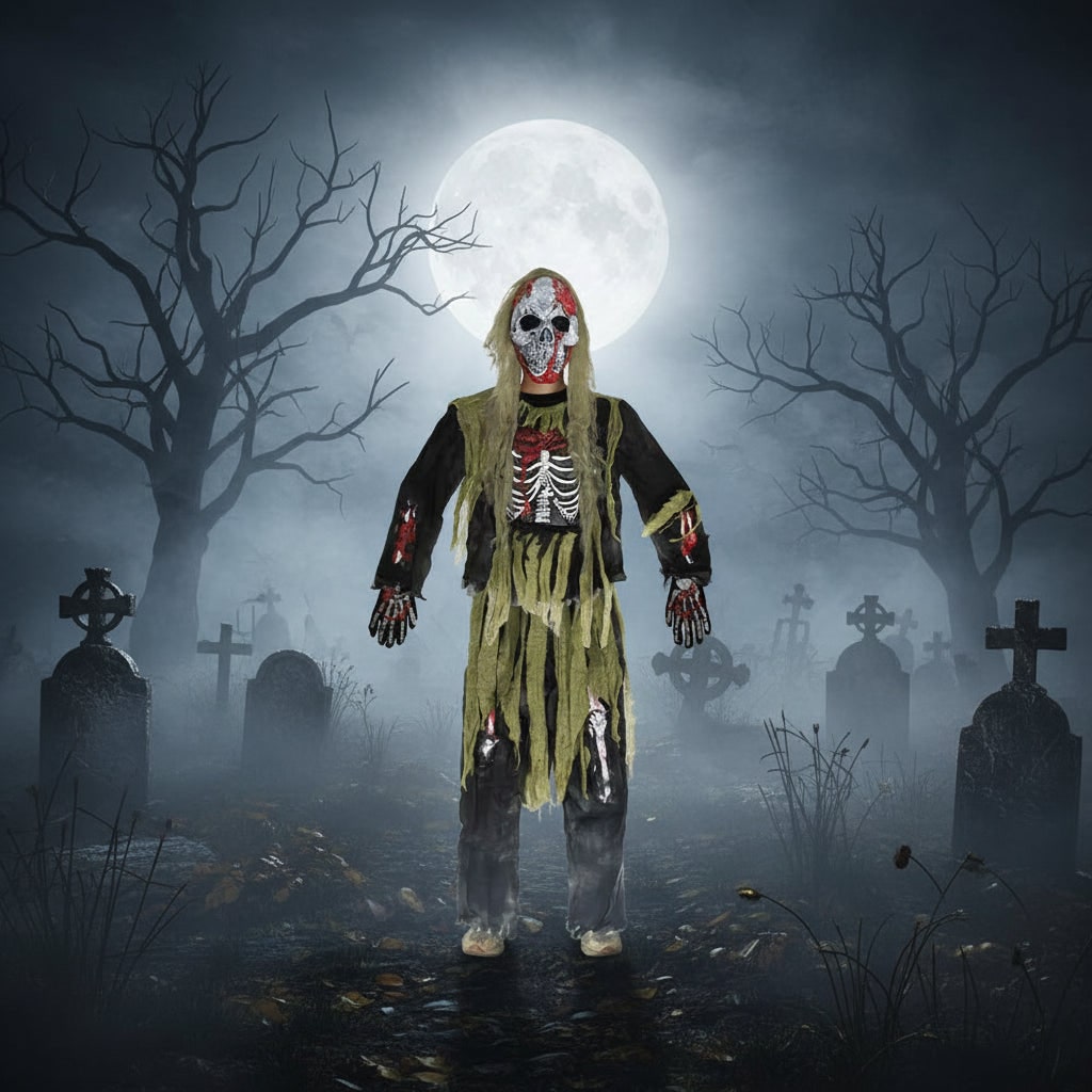 Halloween Costume and Skull Mask for Kids Zombie Skeleton Three-Piece Set with Tattered Gloves