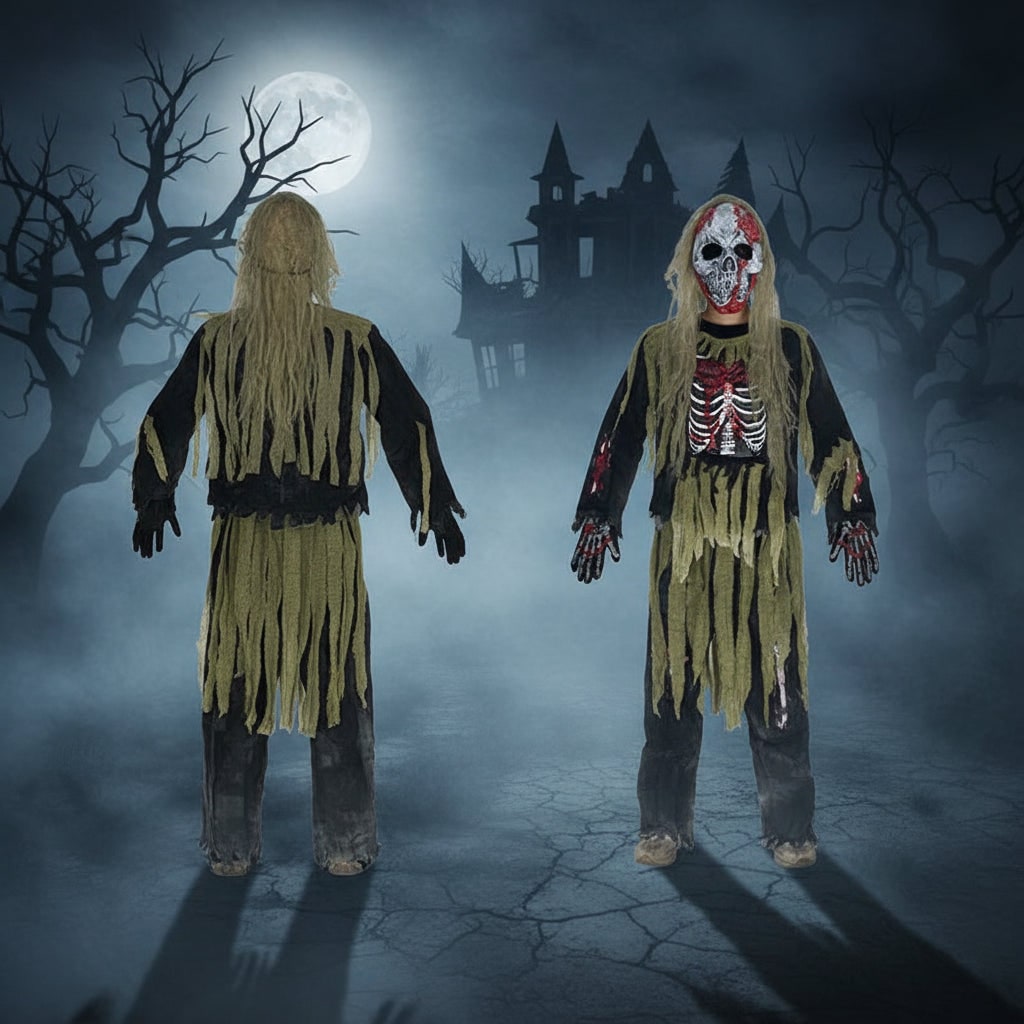 Halloween Costume and Skull Mask for Kids Zombie Skeleton Three-Piece Set with Tattered Gloves