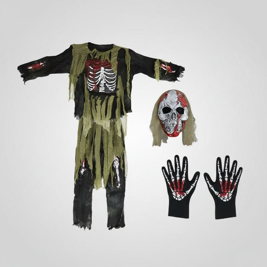 Halloween Costume and Skull Mask for Kids Zombie Skeleton Three-Piece Set with Tattered Gloves