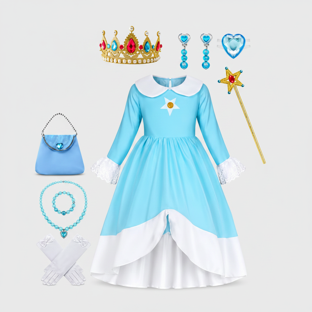 Princess Halloween Costumes Kids Dress with Crown and Magic Wand in Four Designs