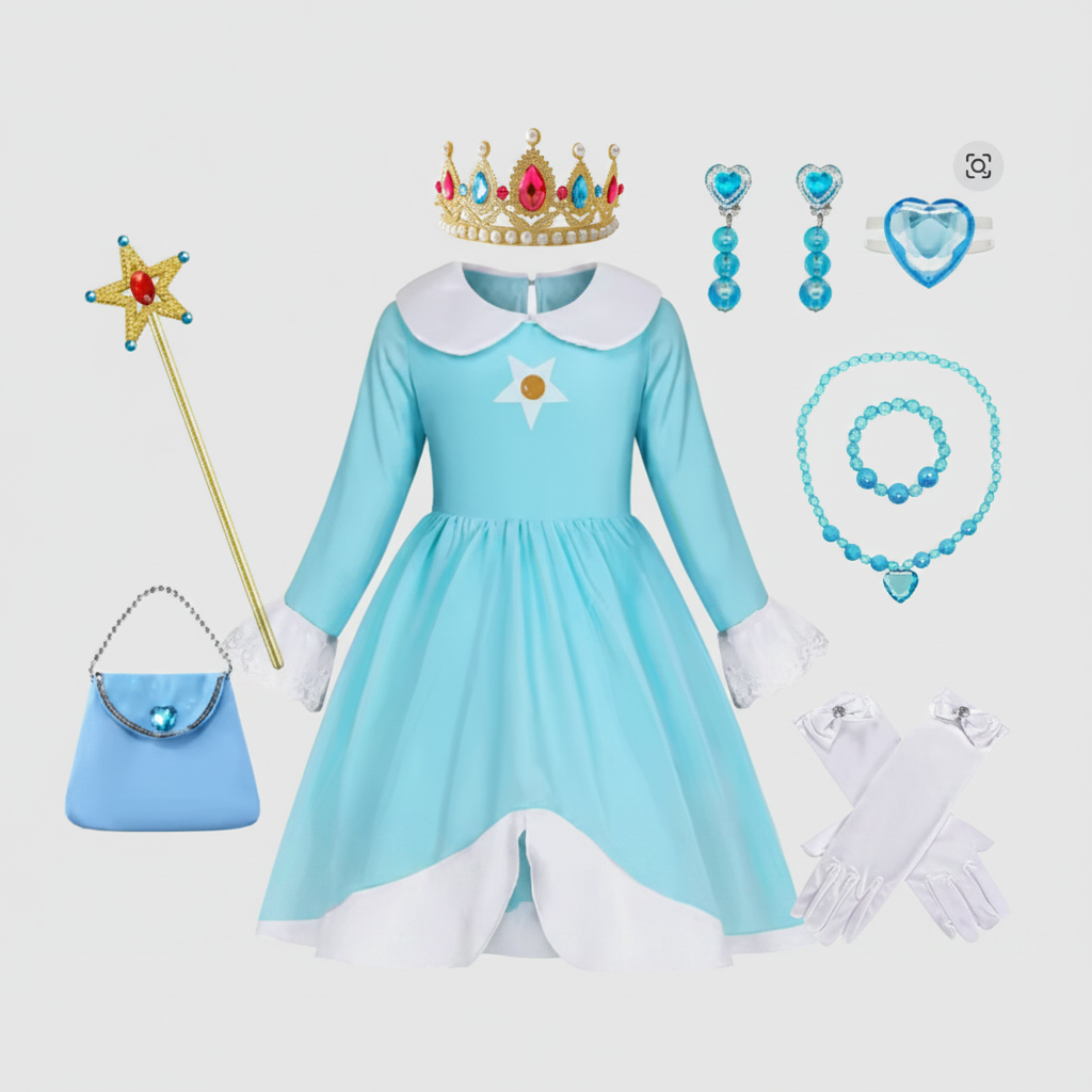 Princess Halloween Costumes Kids Dress with Crown and Magic Wand in Four Designs