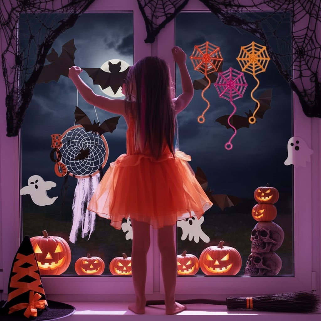 Sticky Stretchy Spiderweb Halloween Window Decorations Party Favors with Wavy Tails