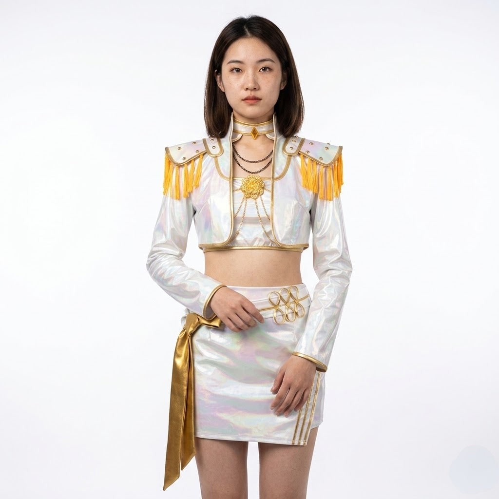 Maid Halloween Costume with Holographic Crop Top and Mini Skirt for Cosplay Stage Outfits