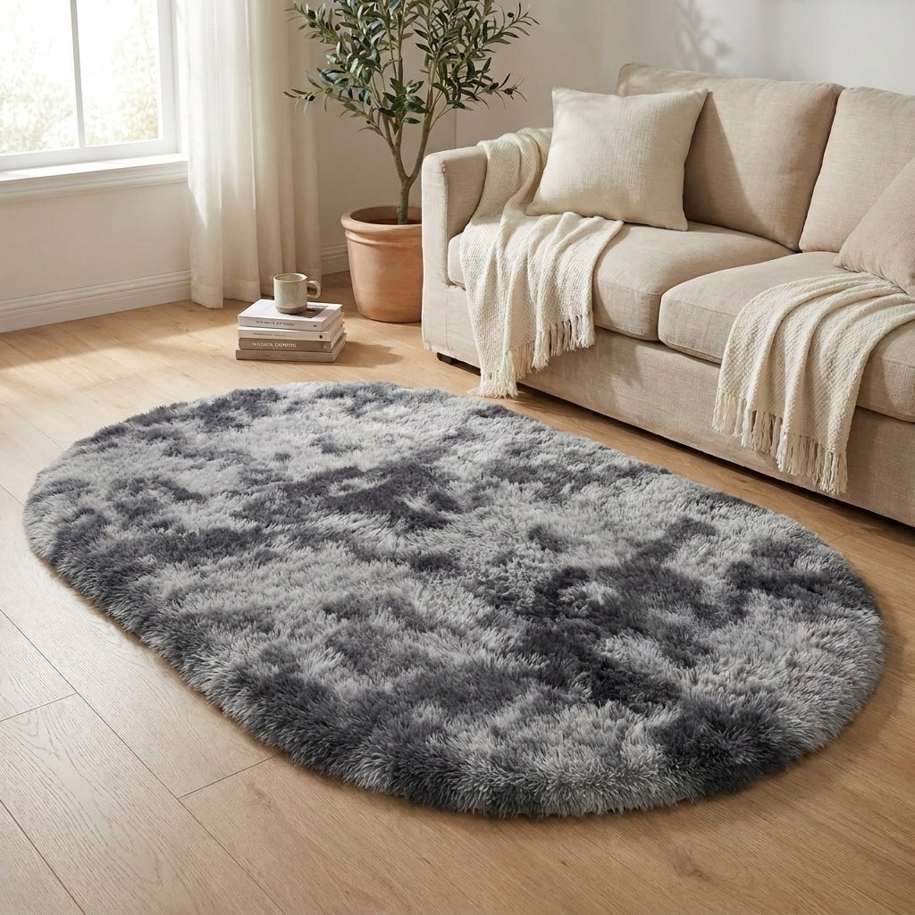 Rugs and Mats Fluffy Oval Shaggy Bedside Rug for Bedroom and Living Room in Pastel Tones