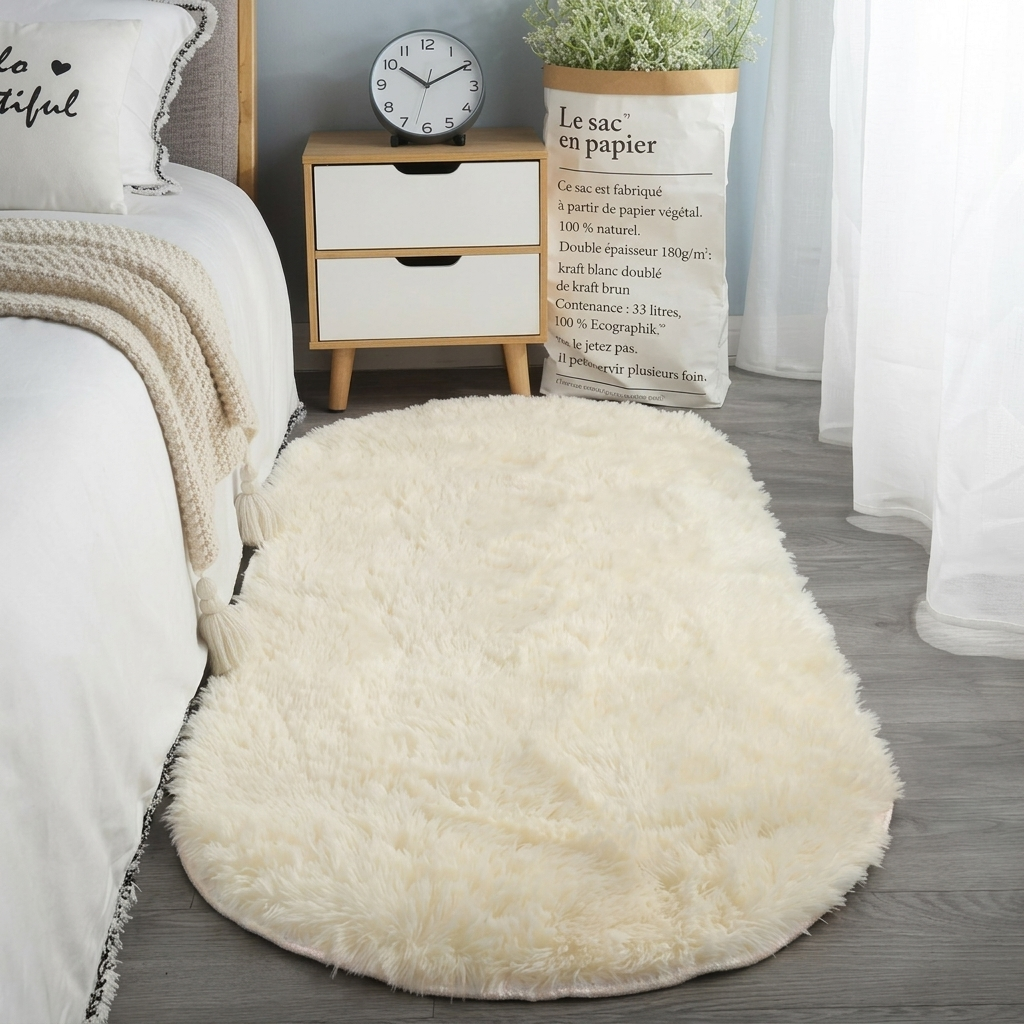 Rugs and Mats Fluffy Oval Shaggy Bedside Rug for Bedroom and Living Room in Pastel Tones