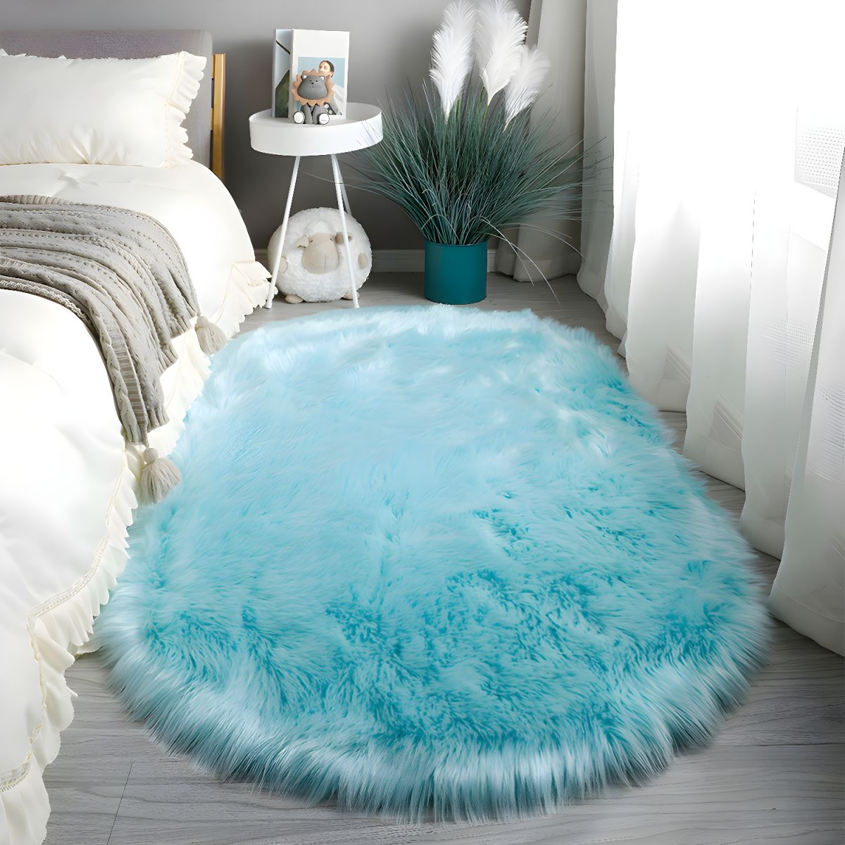 Rugs and Mats Fluffy Oval Shaggy Bedside Rug for Bedroom and Living Room in Pastel Tones