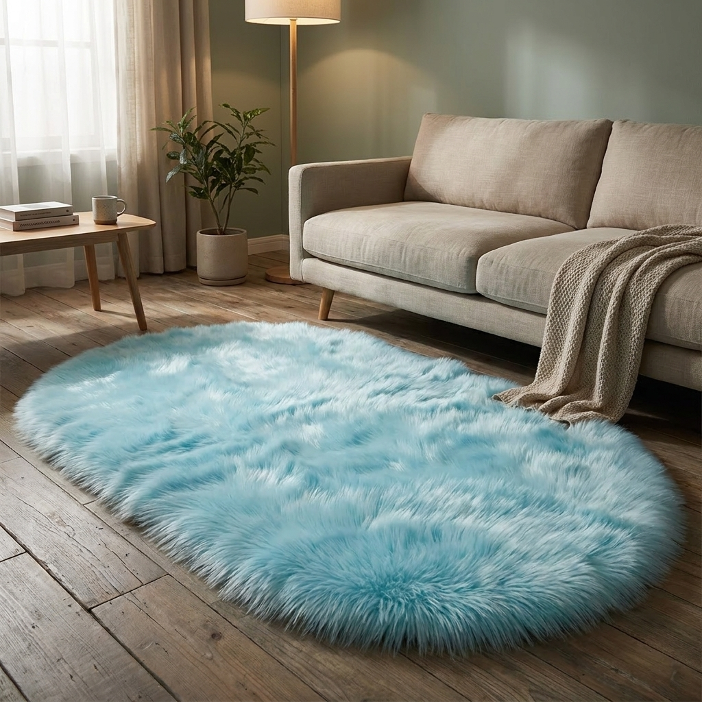 Rugs and Mats Fluffy Oval Shaggy Bedside Rug for Bedroom and Living Room in Pastel Tones