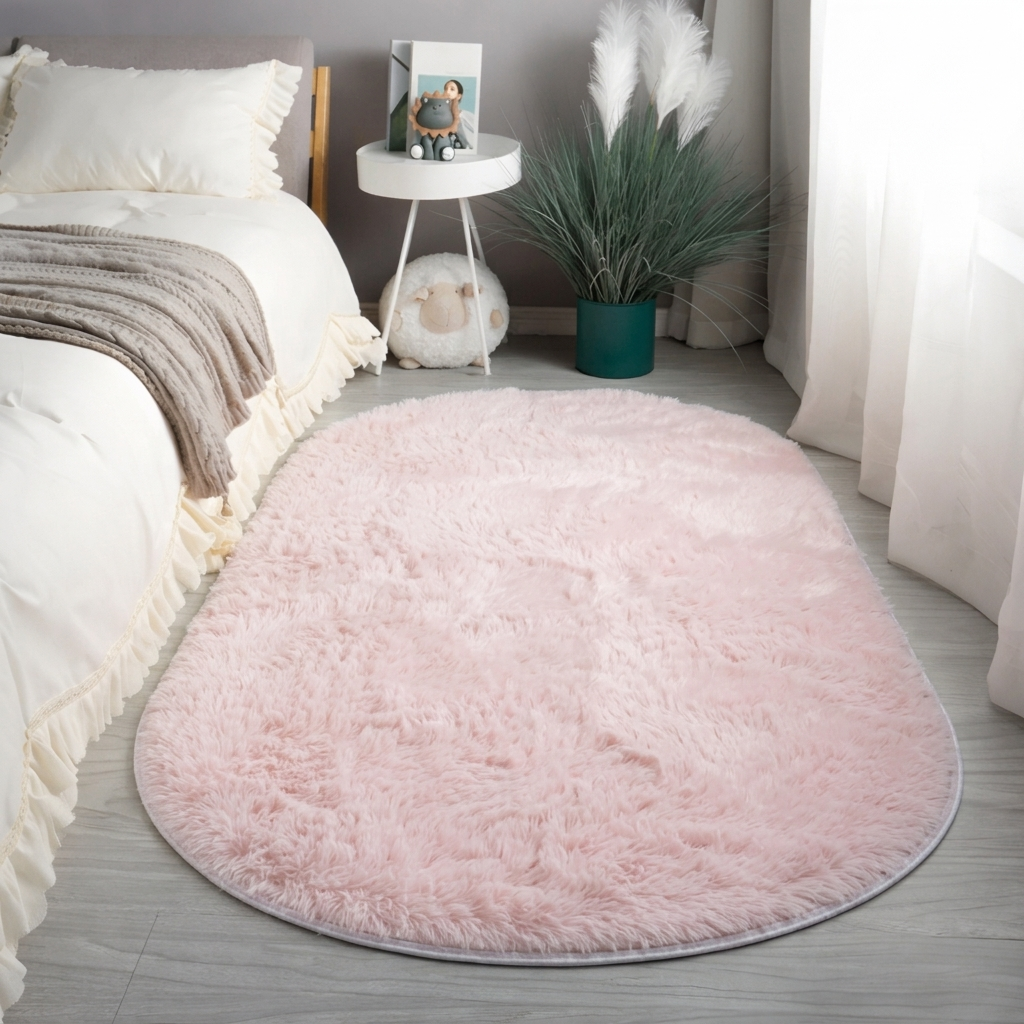 Rugs and Mats Fluffy Oval Shaggy Bedside Rug for Bedroom and Living Room in Pastel Tones