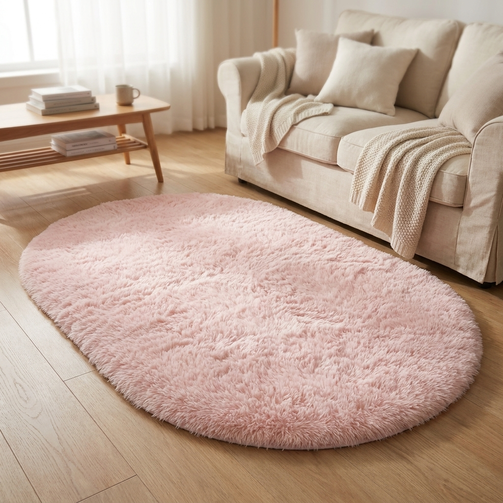 Rugs and Mats Fluffy Oval Shaggy Bedside Rug for Bedroom and Living Room in Pastel Tones