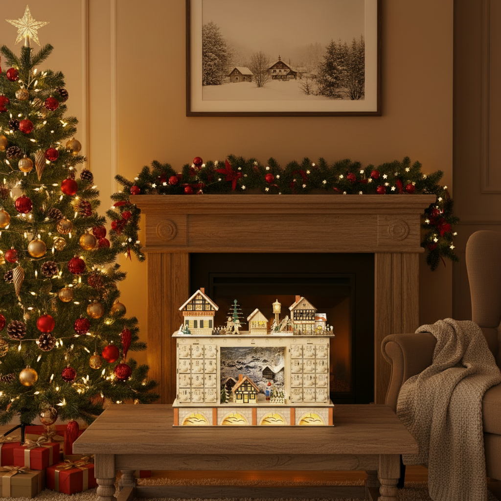 Advent Calendar Wooden with 24 Drawers in a Village Scene