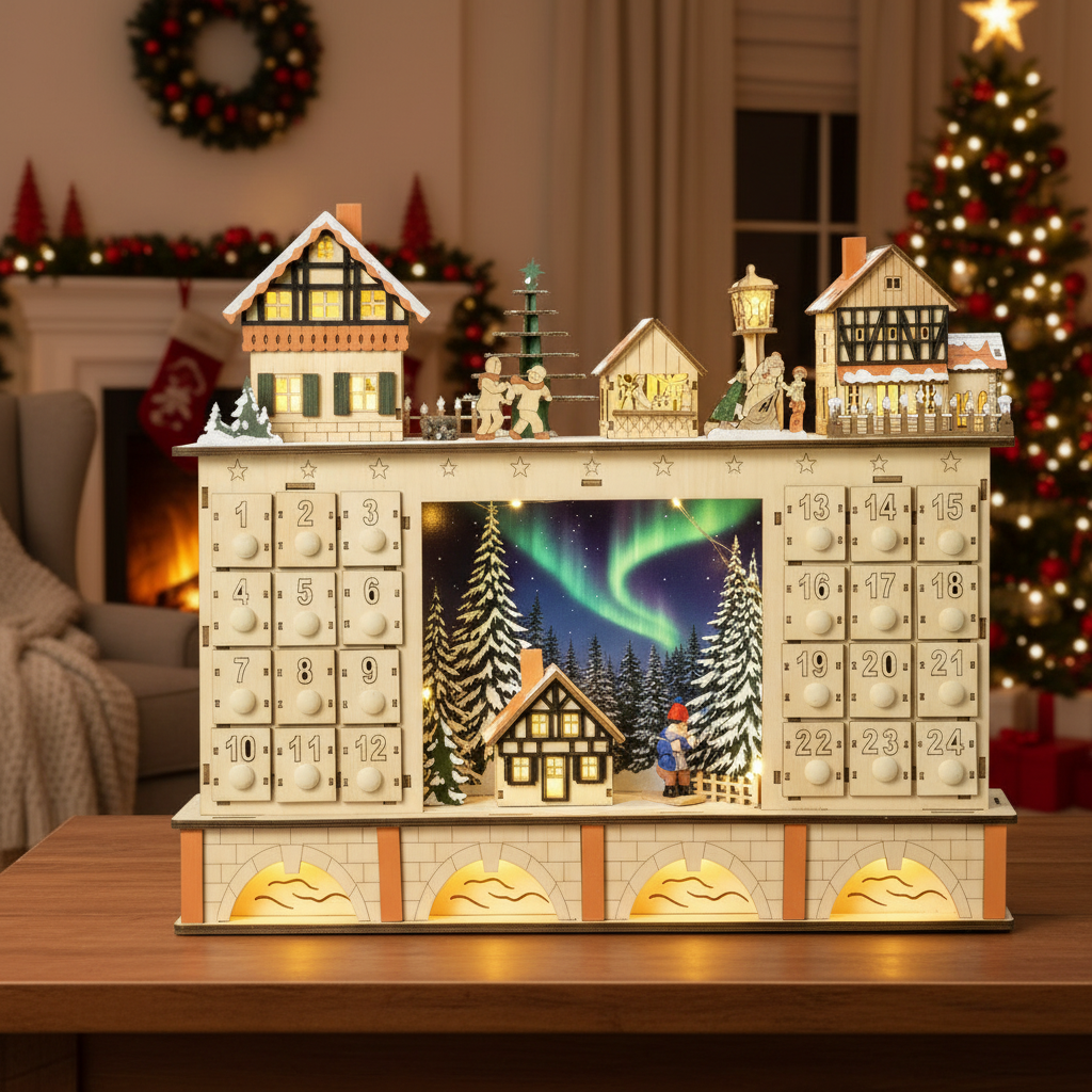 Advent Calendar Wooden with 24 Drawers in a Village Scene