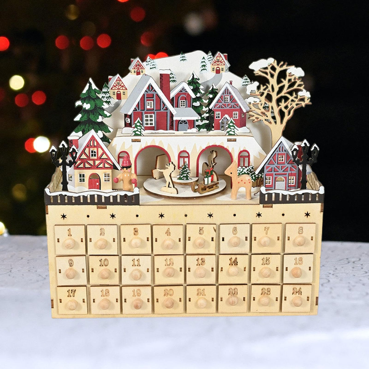 Advent Calendar Wooden House with 24 Numbered Drawers