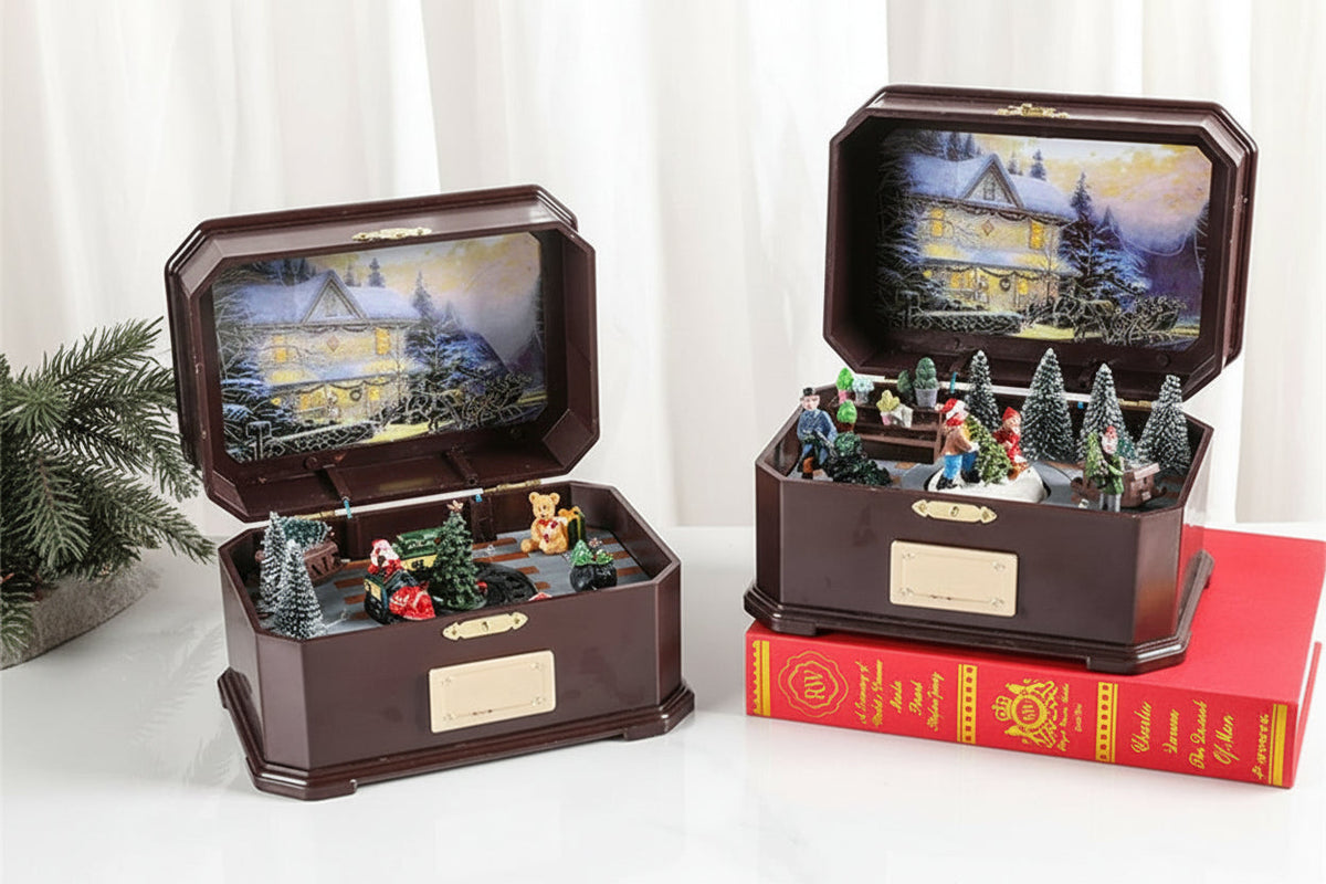 Christmas Lights Snow Globe Music Box Lamp with Rotating Carousel Scene