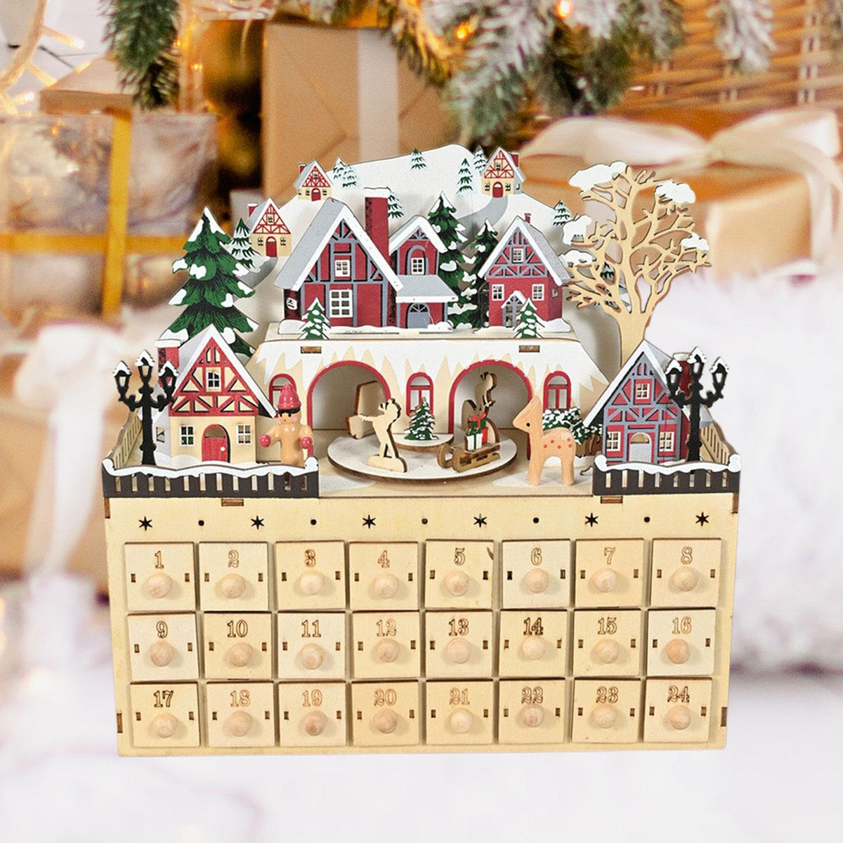 Advent Calendar Wooden House with 24 Numbered Drawers