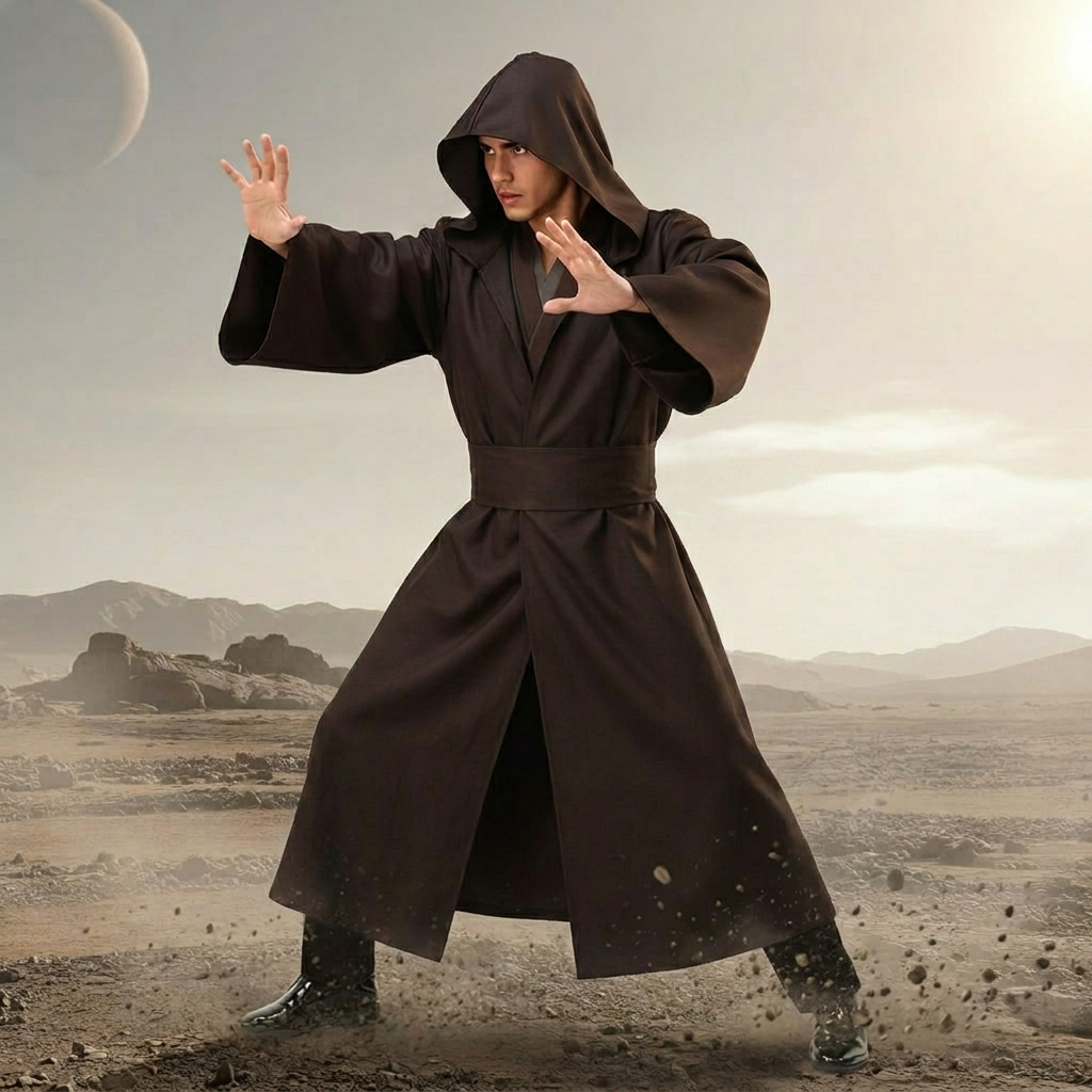 Hooded Robe Cosplay Costume Set with Layered Tunic Straight Leg Trousers and Belt
