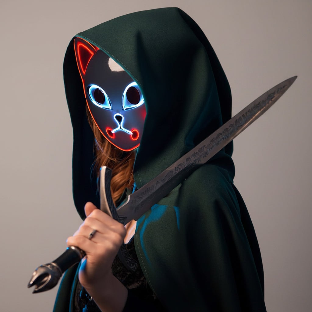 Light Up Fox Mask Halloween Accessories with LED Wire and Japanese Demon Design