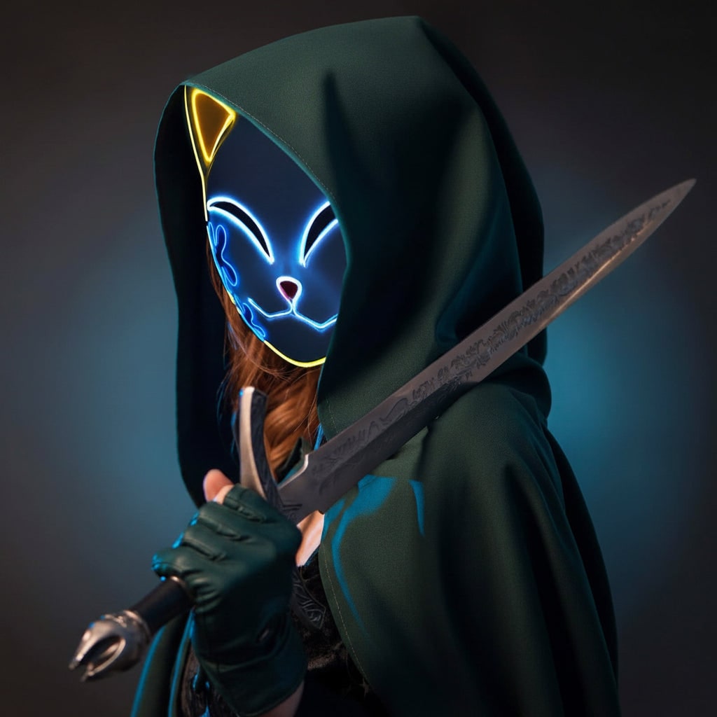 Light Up Fox Mask Halloween Accessories with LED Wire and Japanese Demon Design