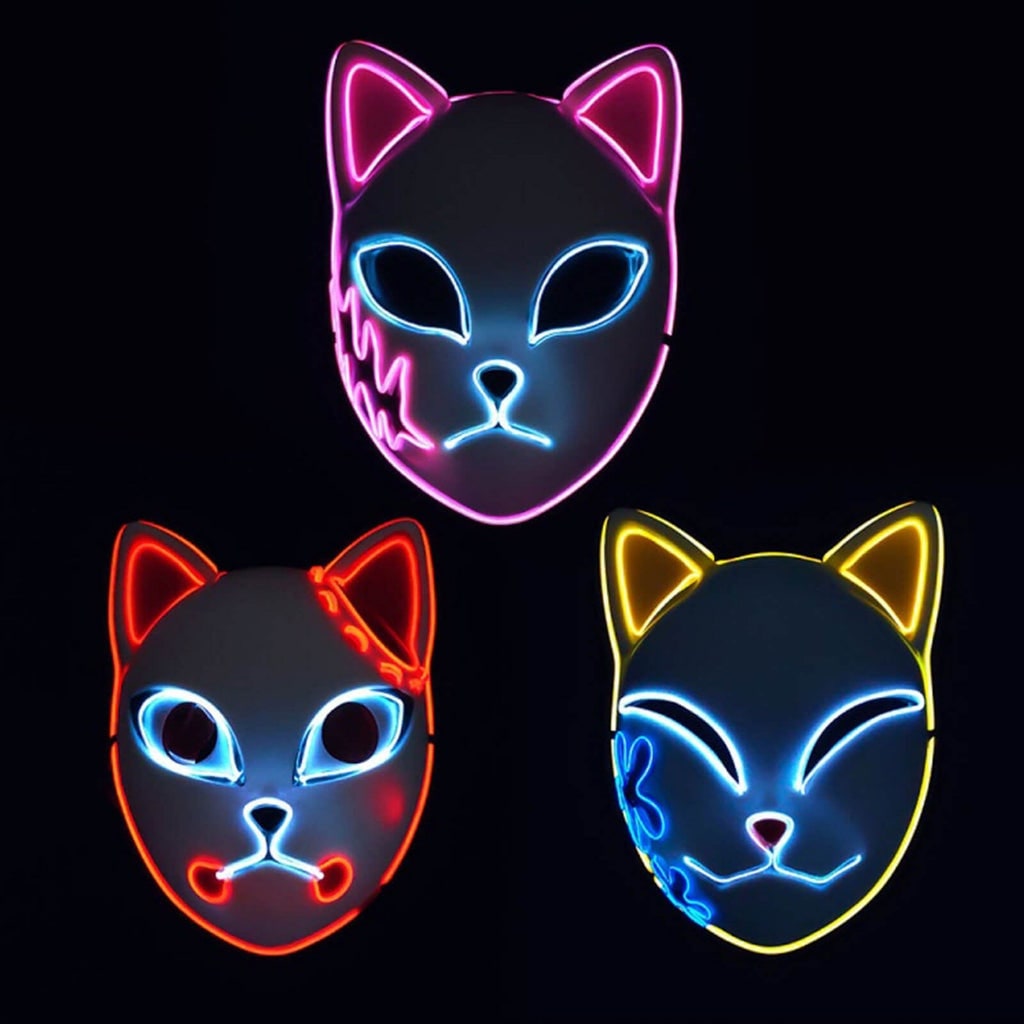 Light Up Fox Mask Halloween Accessories with LED Wire and Japanese Demon Design