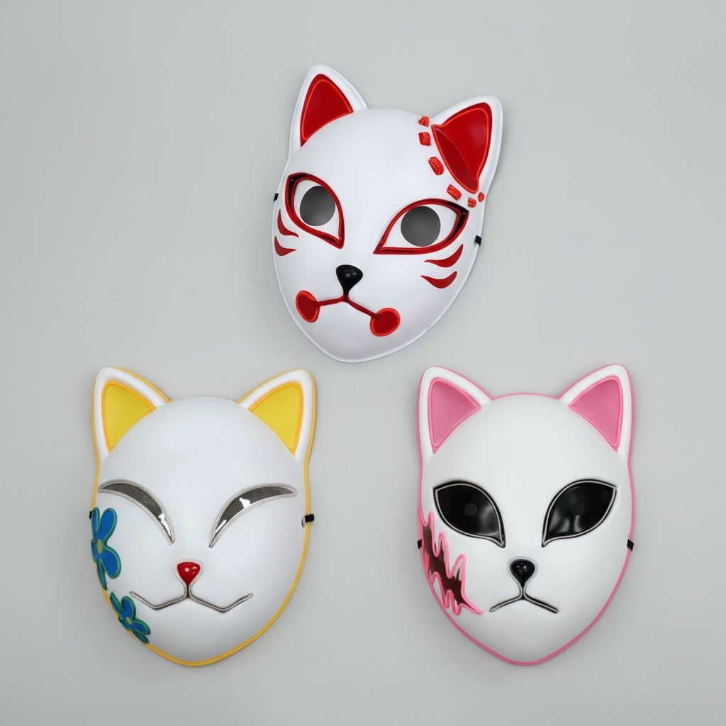 Light Up Fox Mask Halloween Accessories with LED Wire and Japanese Demon Design