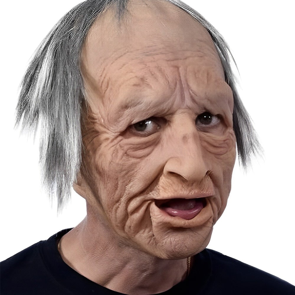 Realistic Silicone Old Man Halloween Face Mask with Moulded Wrinkles and Chest Bib
