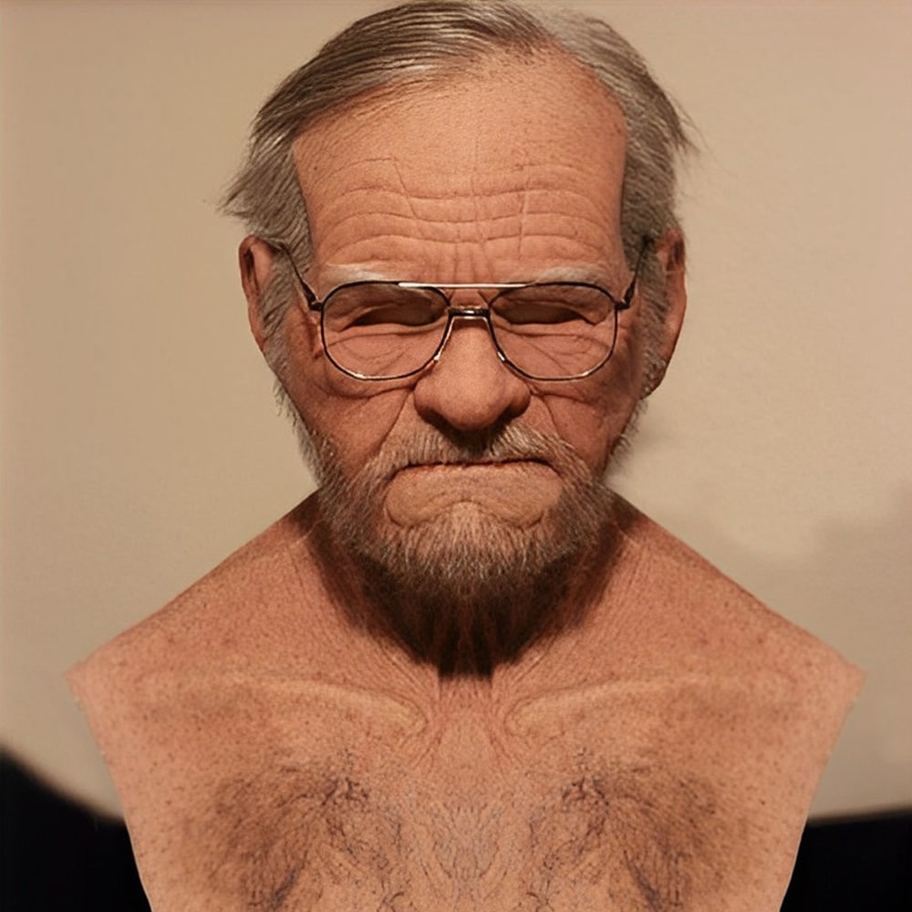 Realistic Silicone Old Man Halloween Face Mask with Moulded Wrinkles and Chest Bib