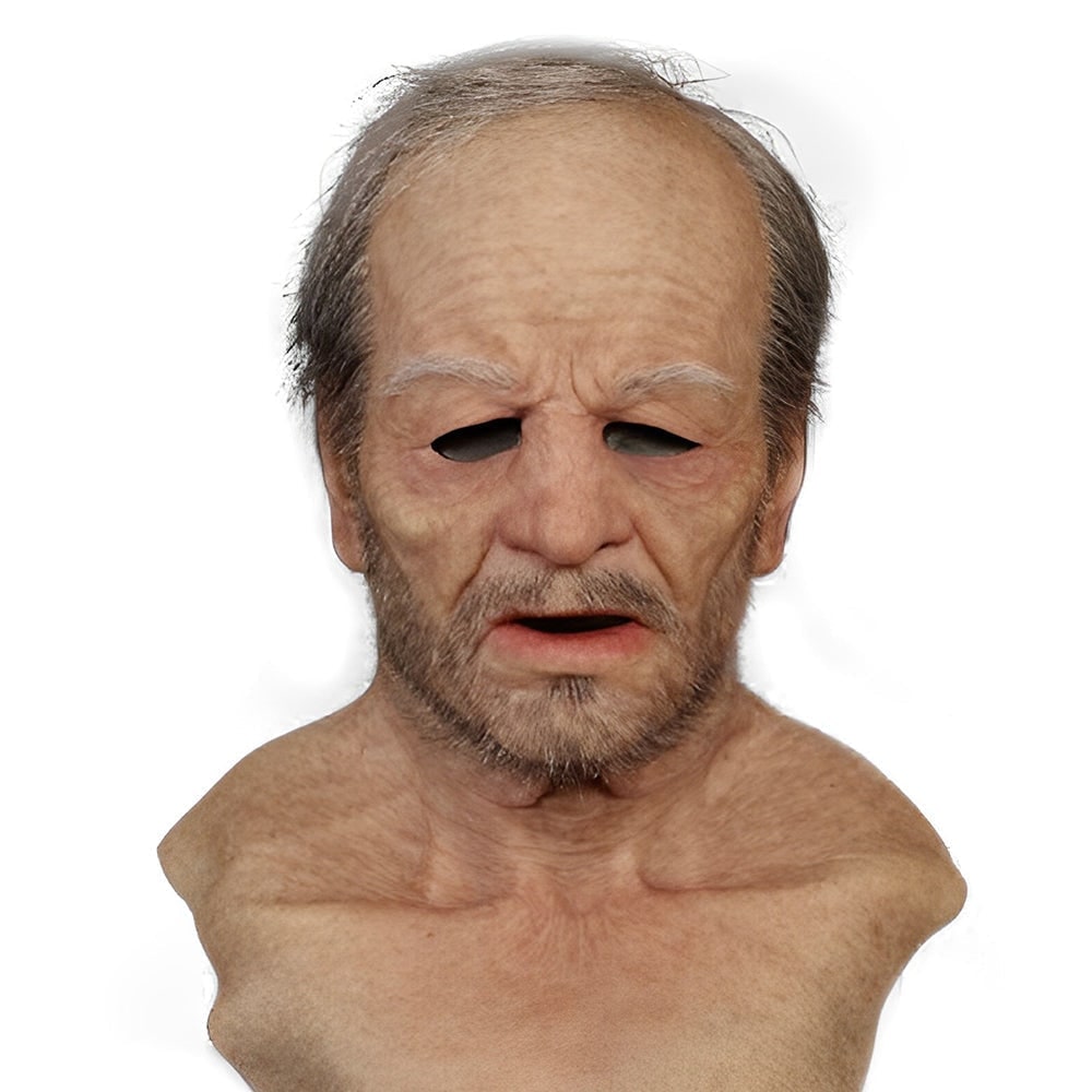 Realistic Silicone Old Man Halloween Face Mask with Moulded Wrinkles and Chest Bib