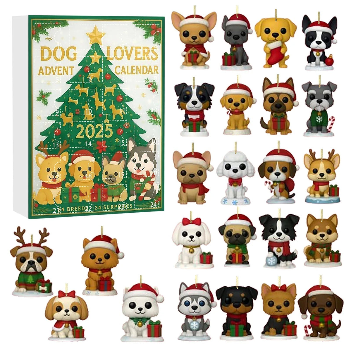 Advent Calendar Dog Themed with 24 Puppy Ornaments