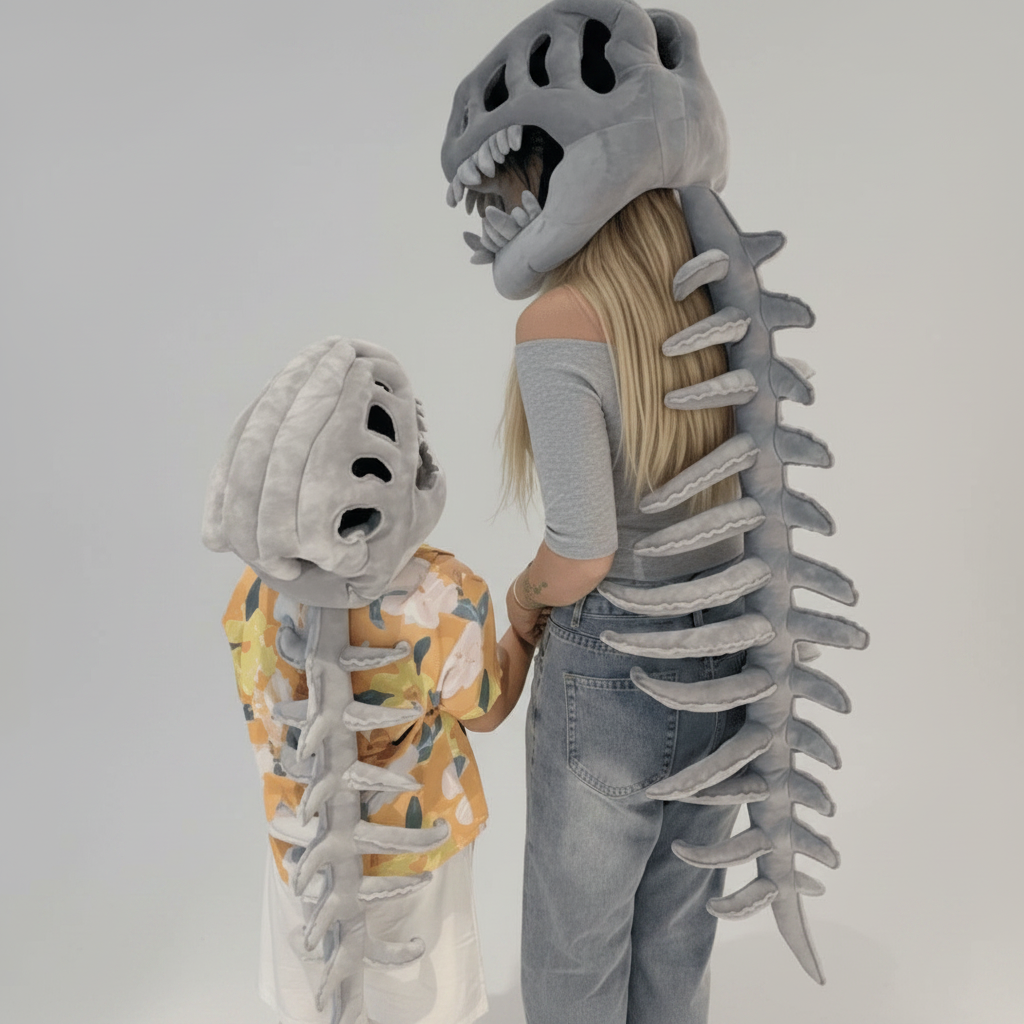 Plush Dinosaur Halloween Costume Beanie Hat with Skull Teeth and Flexible Spine Tail