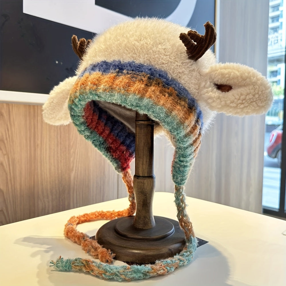 Beanie Hat Knit Reindeer with Ear Flaps and Braided Ties in Three Colours