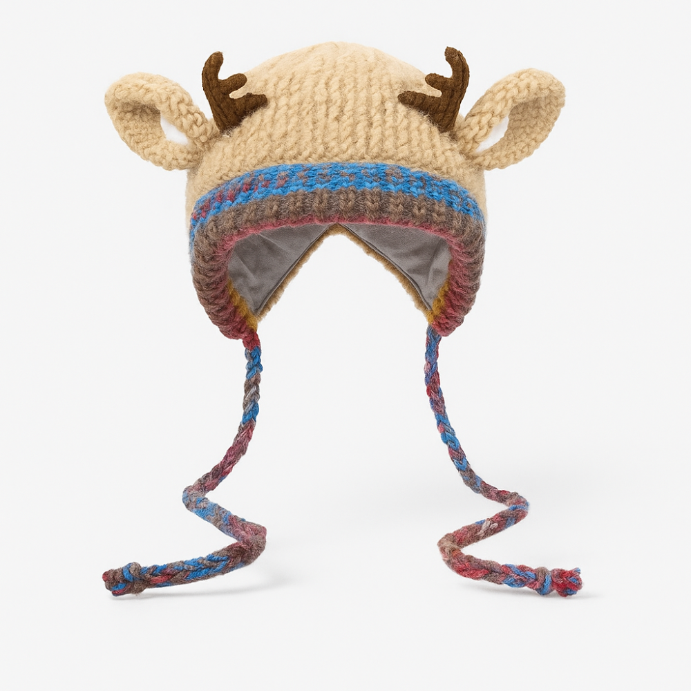 Beanie Hat Knit Reindeer with Ear Flaps and Braided Ties in Three Colours