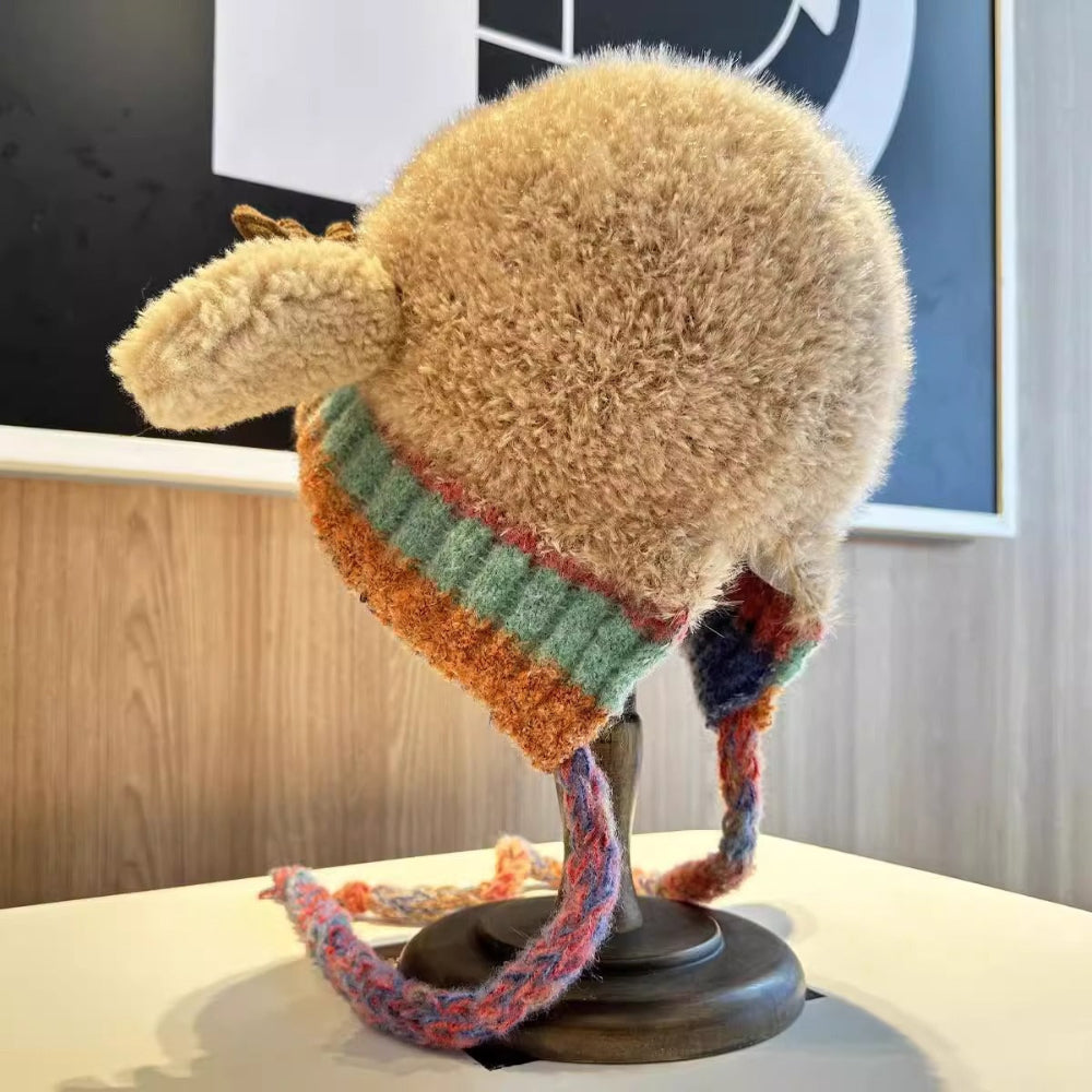 Beanie Hat Knit Reindeer with Ear Flaps and Braided Ties in Three Colours