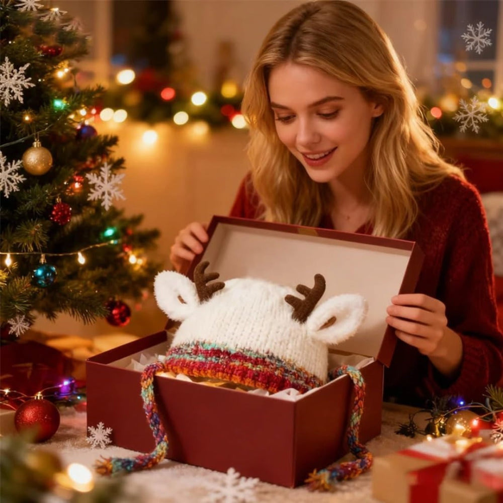 Beanie Hat Knit Reindeer with Ear Flaps and Braided Ties in Three Colours