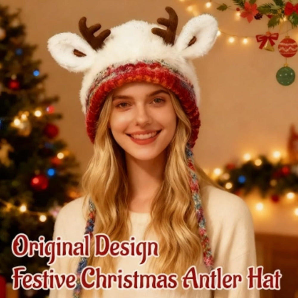 Beanie Hat Knit Reindeer with Ear Flaps and Braided Ties in Three Colours