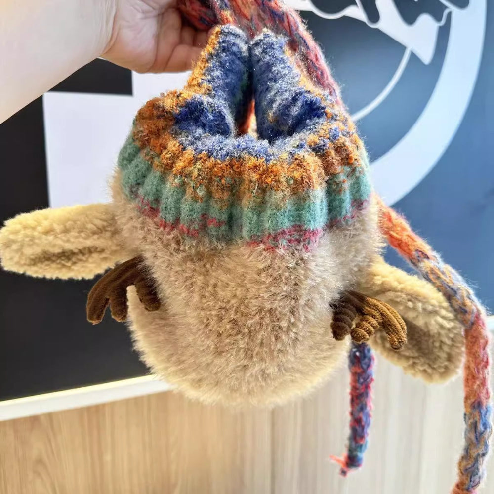 Beanie Hat Knit Reindeer with Ear Flaps and Braided Ties in Three Colours