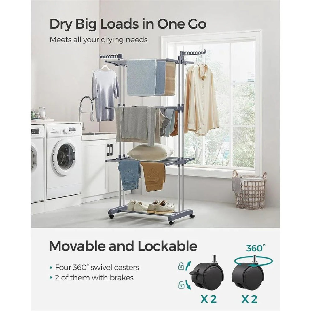 4 Tier Clothes Clothes Airer Foldable Laundry Stand 172cm Tall with Lockable Wheels