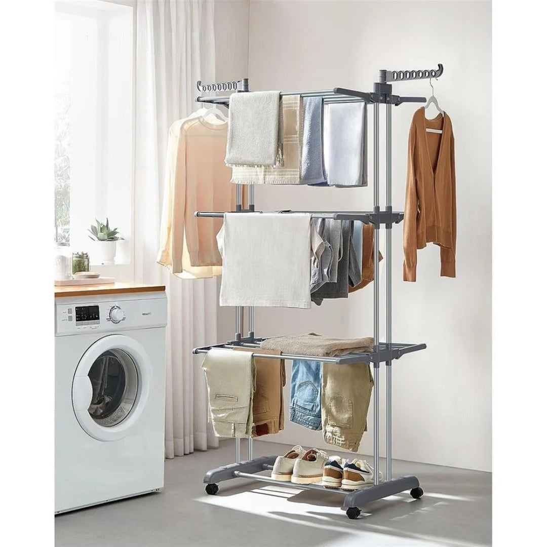 4 Tier Clothes Clothes Airer Foldable Laundry Stand 172cm Tall with Lockable Wheels