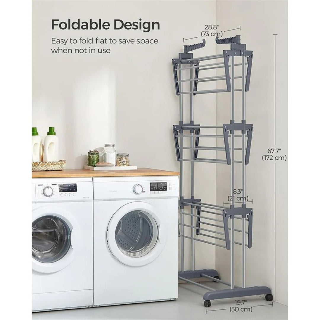 4 Tier Clothes Clothes Airer Foldable Laundry Stand 172cm Tall with Lockable Wheels