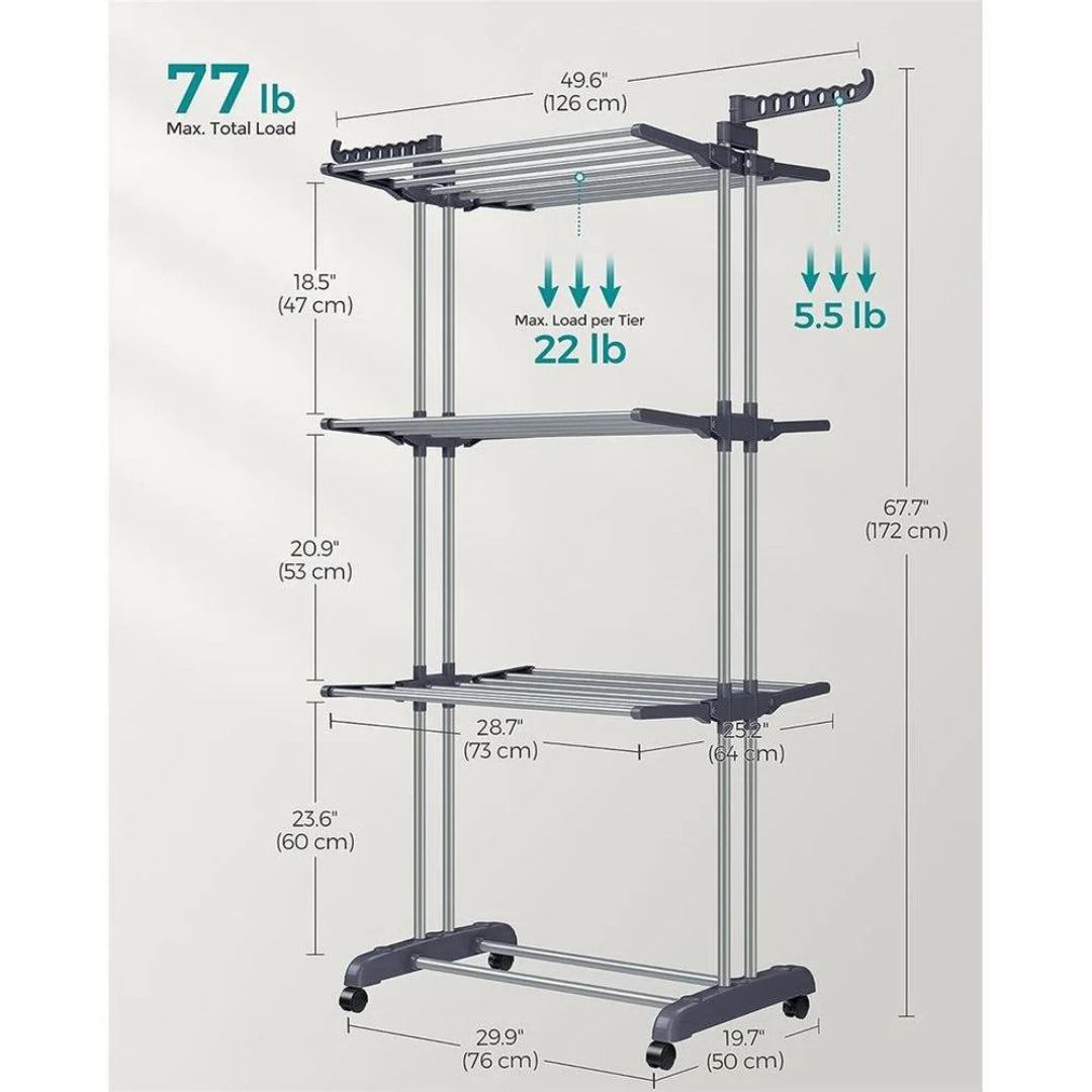 4 Tier Clothes Clothes Airer Foldable Laundry Stand 172cm Tall with Lockable Wheels