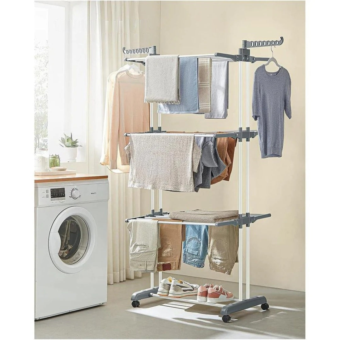 4 Tier Clothes Clothes Airer Foldable Laundry Stand 172cm Tall with Lockable Wheels