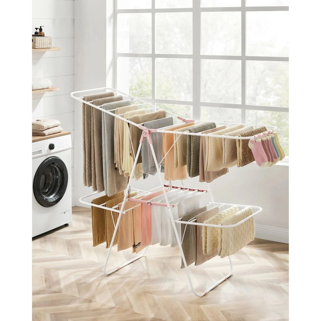 Foldable Clothes Drying Rack 2 Level Airer with 33 Rails and 27 Sock Clips