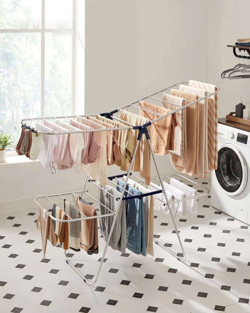 Foldable Clothes Drying Rack 2 Level Airer with 33 Rails and 27 Sock Clips