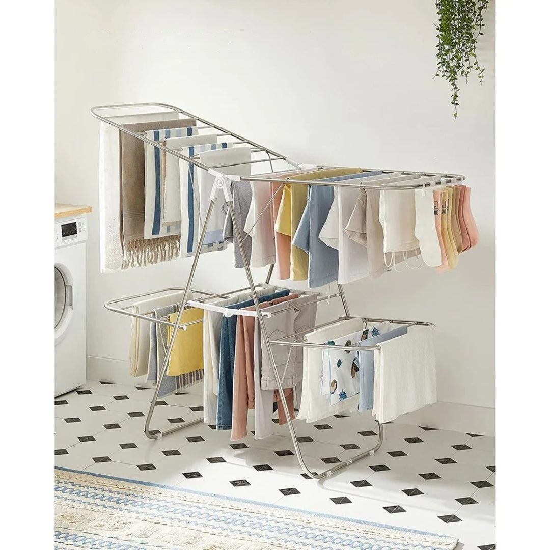 Foldable Clothes Drying Rack 2 Level Airer with 33 Rails and 27 Sock Clips