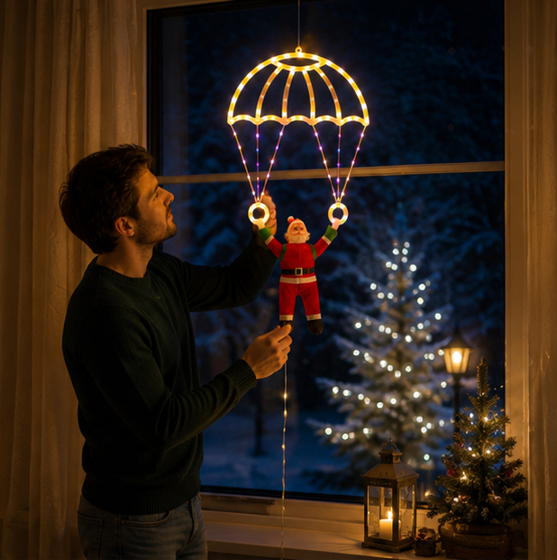 Christmas Lights Santa Parachute Window Hanging with Lantern String